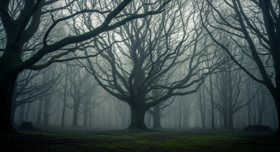 숲속은 짙은 안개에 휘감겨 있어 나무