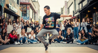 여성이 도심의 거리에서 힙합 비보잉을