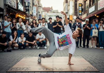 한 여성이 도심의 거리에서 힙합 비보