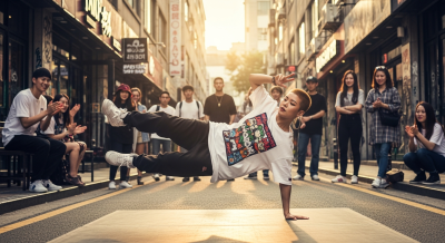 여성이 도심의 거리에서 힙합 비보잉을