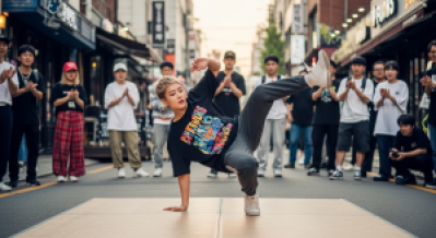 거리의 한쪽에서는 젊은 여성들이 비트