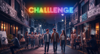 어두운 밤하늘을 배경으로 화려한 네온