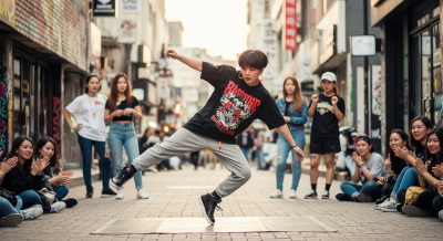 여성이 도심의 거리에서 힙합 비보잉을